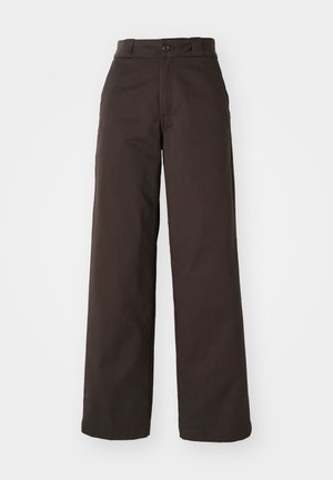 Brown wide-leg trousers with a button closure and belt loops, made from durable fabric, featuring a smooth texture and clean lines.