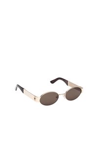 Ovaalit aurinkolasit tummilla linsseillä, kultasävyisellä rungolla ja teksturoiduilla ruskeilla varsilla. Varustettu ainutlaatuisella neulasuunnittelulla nenätyynyssä.