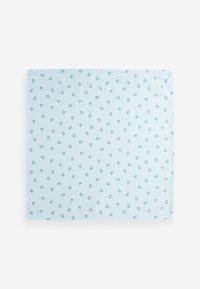 Light blue fabric featuring a repeating pattern of small, stylized flowers in darker blue. Smooth texture with a subtle sheen.