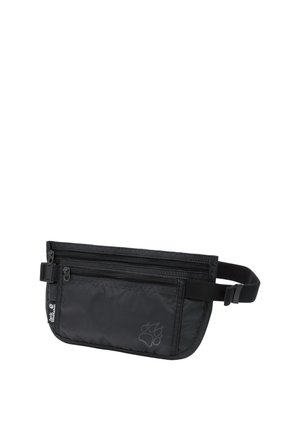 Black waist pouch with adjustable strap, two zippered compartments, and a small paw print logo on the front pocket.