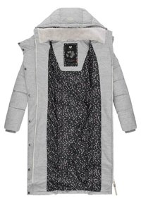 Gray padded coat with a plush collar, featuring a black lining with a floral pattern, and front zip and snap closures.