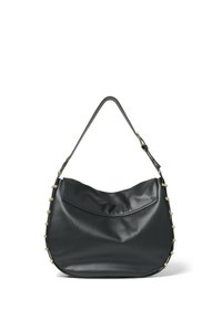 Borsa a spalla in pelle nera con forma curvata, dotata di chiusura a pattina e accenti dorati lungo il lato. Texture liscia e manico robusto.