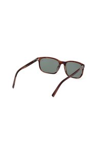 Occhiali da sole con montatura quadrata in plastica marrone e lenti verdi. Le aste presentano un marchio discreto e una finitura liscia. Design leggero.