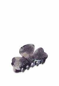Clip per capelli a forma di farfalla, di colore viola, con una finitura lucida e abbellita da piccole pietre brillanti, con denti opachi in contrasto.