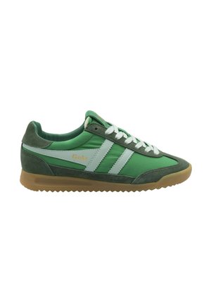 Green and dark green Gola sneaker with white laces, two white side stripes, and a brown rubber sole, shown from the side.
