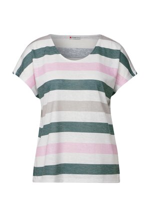 Stribet T-shirt i grøn, pink, grå og hvid. V-udskæring, korte ærmer, afslappet pasform, blød tekstur, afslappet design. Mærke: Street One.