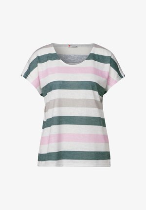 Stribet T-shirt i grøn, pink, grå og hvid. V-udskæring, korte ærmer, afslappet pasform, blød tekstur, afslappet design. Mærke: Street One.