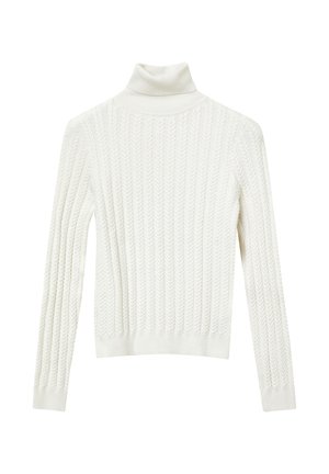 Weißer, gestrickter Rollkragenpullover mit geripptem Muster und Zopfmuster. Lange Ärmel und figurschnittförmiges Design für eine enge Silhouette.