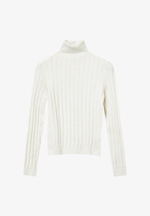 Weißer, gestrickter Rollkragenpullover mit geripptem Muster und Zopfmuster. Lange Ärmel und figurschnittförmiges Design für eine enge Silhouette.