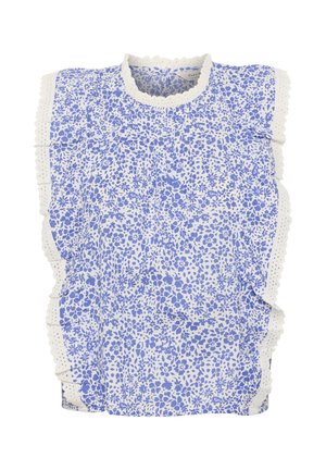 Floral-patterned top in white and blue, featuring a scalloped neckline and ruffled accents on the sides, made of lightweight fabric.