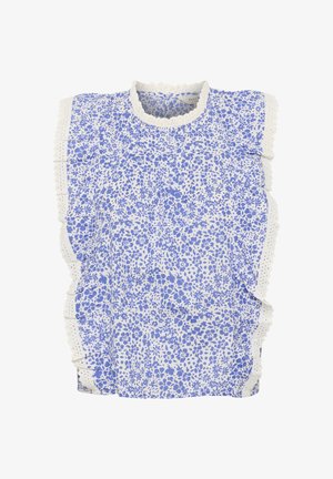 Valge ja sinise lillemustriga pluus, millel on laineline kaelus ja volangilised aktsendid külgedel, valmistatud kergest kangast.