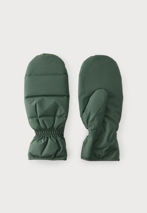 Paire de moufles isolantes vert foncé avec poignets élastiques, présentées à plat sur un fond uni clair.