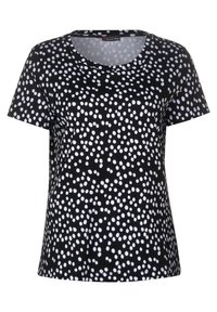 Černé tričko s krátkým rukávem a kulatým výstřihem, se vzorem bílých puntíků různých velikostí po celém materiálu.