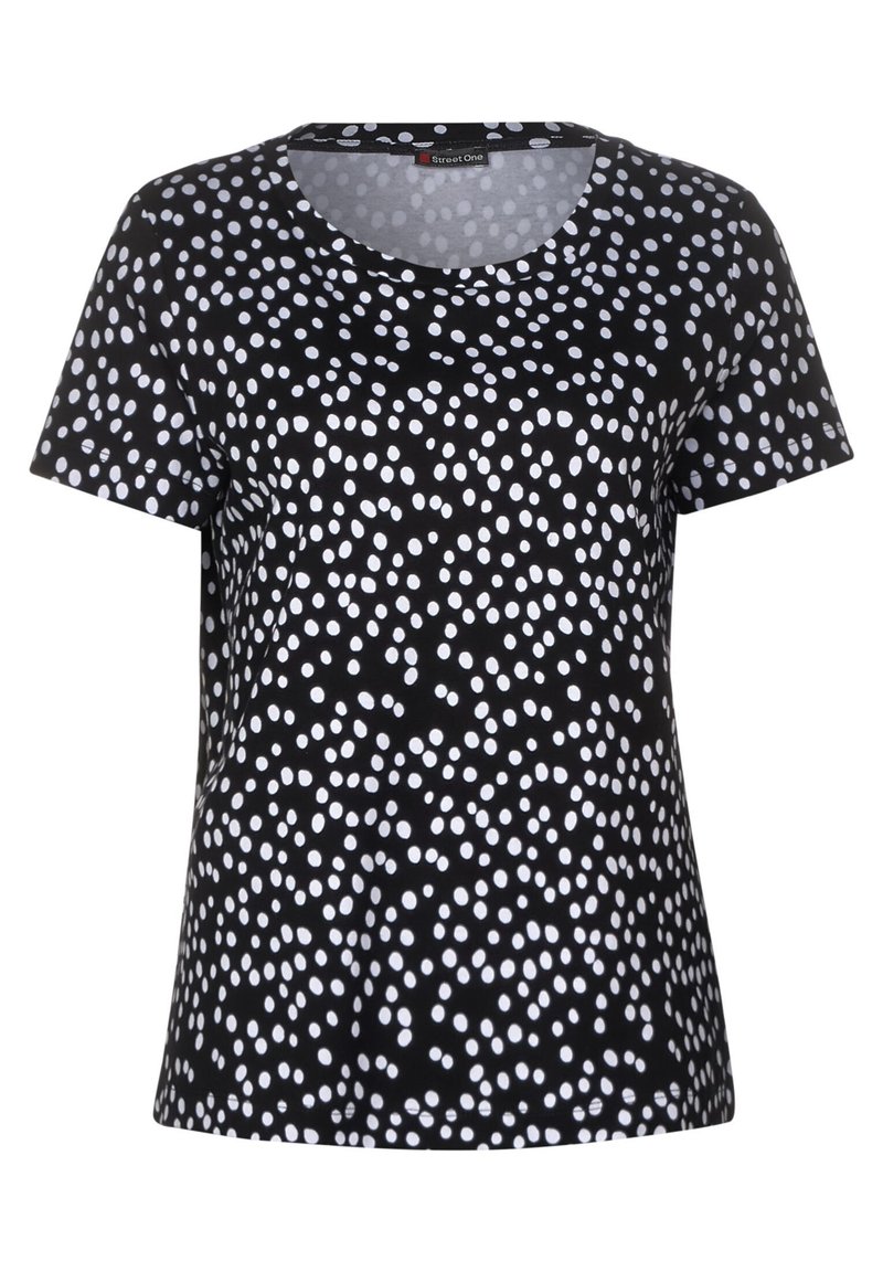 Černé tričko s krátkým rukávem a kulatým výstřihem, se vzorem bílých puntíků různých velikostí po celém materiálu.
