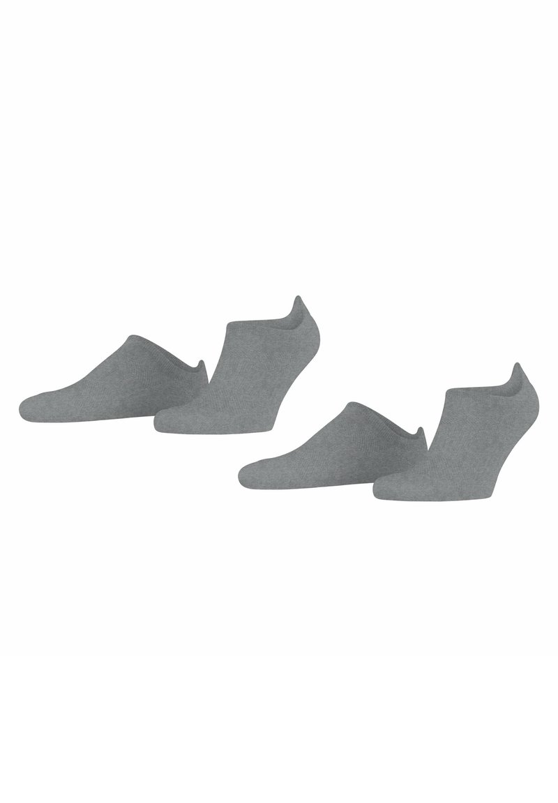Chaussettes de cheville grises, en tissu doux, avec un design à coupes basses, une texture lisse et un bout arrondi. Pas de motifs ou d'accents visibles.