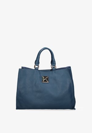 Grote donkerblauwe lederen handtas met twee afgeronde handvatten en een vierkante zilveren siergesp aan de voorkant.