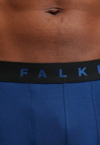 Blue fabric boxer shorts with a black elastic waistband displaying "FALK" in blue lettering. Smooth texture, snug fit, mid-rise design.