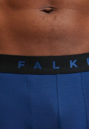Blue fabric boxer shorts with a black elastic waistband displaying "FALK" in blue lettering. Smooth texture, snug fit, mid-rise design.