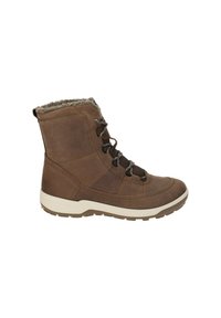 Braune Leder-Ankle-Boots mit einem Kunstfellkragen, ausgestattet mit Metallösen, runden Schnürsenkeln und einer strukturierten Gummisohle für besseren Halt.