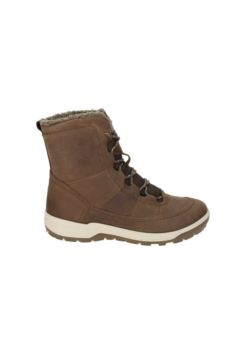 Braune Leder-Ankle-Boots mit einem Kunstfellkragen, ausgestattet mit Metallösen, runden Schnürsenkeln und einer strukturierten Gummisohle für besseren Halt.