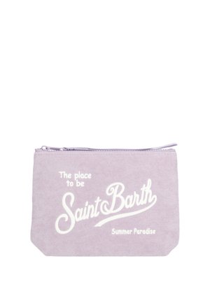 Bustina in tessuto lavanda con cerniera e testo bianco "The place to be Saint Barth Summer Paradise."