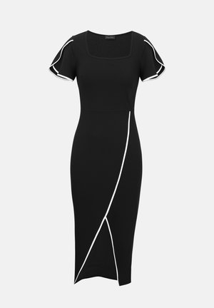 Robe noire longueur genoux avec manches courtes évasées et bordure blanche asymétrique le long des manches et de la superposition frontale.