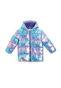 Iridescente gewatteerde jas in blauwe en paarse tinten, met capuchon, ritssluiting en twee voorzakken met een doorgestikt design.