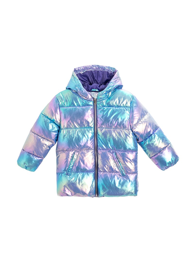 Iridescente gewatteerde jas in blauwe en paarse tinten, met capuchon, ritssluiting en twee voorzakken met een doorgestikt design.