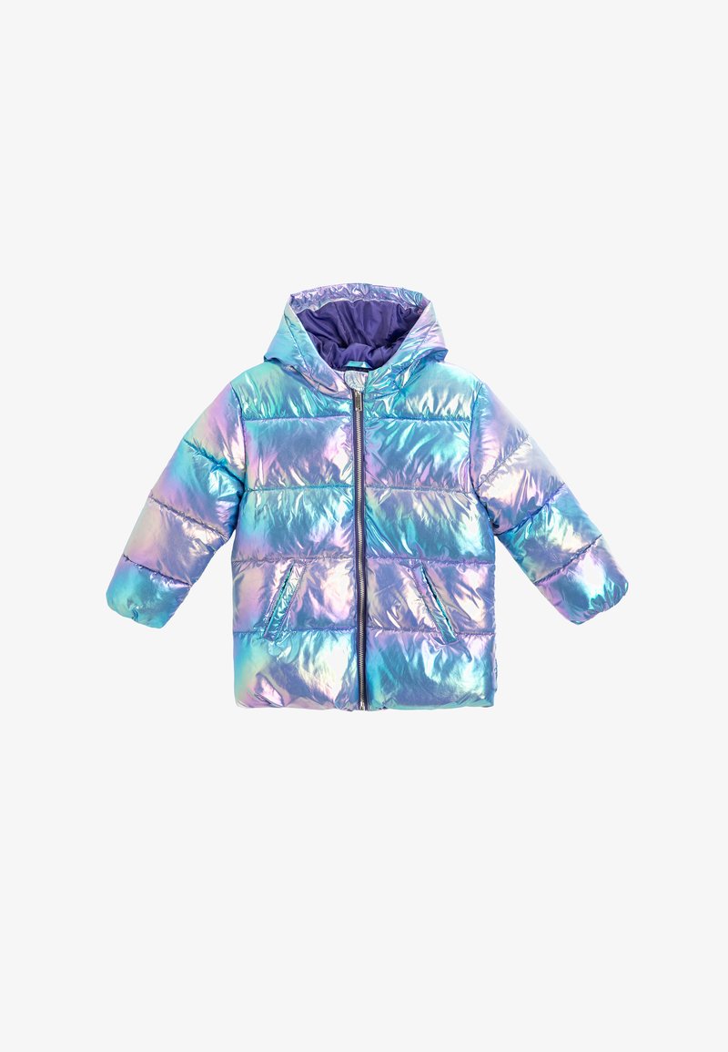 Iridescente gewatteerde jas in blauwe en paarse tinten, met capuchon, ritssluiting en twee voorzakken met een doorgestikt design.