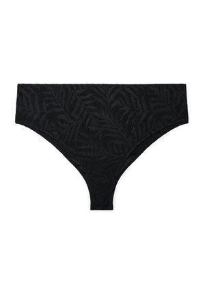 Bas de bikini noir pour femme avec un motif de feuilles texturé et une coupe haute sur jambe sur fond blanc.