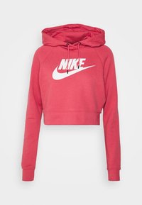 Červená zkrácená mikina s kapucí z měkkého materiálu. Má kapuci se stahovacími tkaničkami a velké bílé logo Nike na přední straně. Dlouhé rukávy a žebrované manžety.