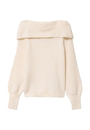 Kermainen off-the-shoulder neulepaita, jossa on teksturoitua neulosta, pitkät hihat ja rento malli. Materiaali vaikuttaa pehmeältä ja mukavalta.