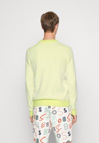 Pull vert clair en tricot avec un col rond, des poignets et un ourlet côtelés. Présentant une finition texturée et des accents jaunes contrastants le long des coutures.