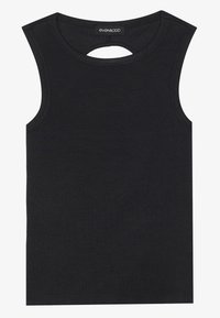 Svart ermeløse ribbede tanktop med en rund cutout-detalj på baksiden. Har en myk tekstur og en rund halslinje.