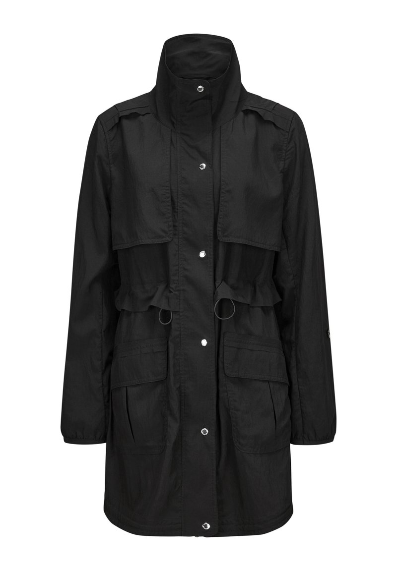 Schwarze wasserdichte Jacke mit hohem Kragen, Druckknöpfen und vorderen Klappentaschen. Verfügt über einen elastischen Kordelzug und einen mittellangen Schnitt.