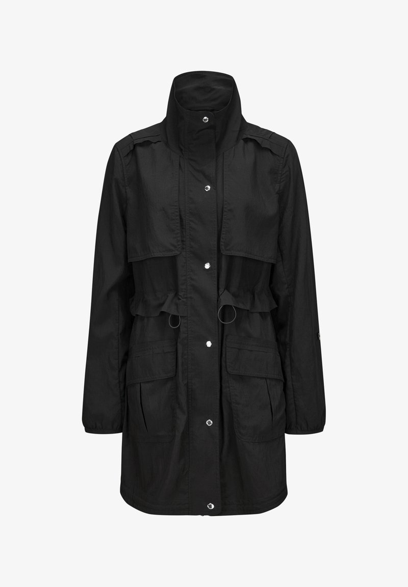 Schwarze wasserdichte Jacke mit hohem Kragen, Druckknöpfen und vorderen Klappentaschen. Verfügt über einen elastischen Kordelzug und einen mittellangen Schnitt.