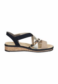 Dames sandalen met open teen, zwarte, beige, metallic en luipaardprint banden, een kurken sleehakzool en een zwarte rubberen buitenzool.