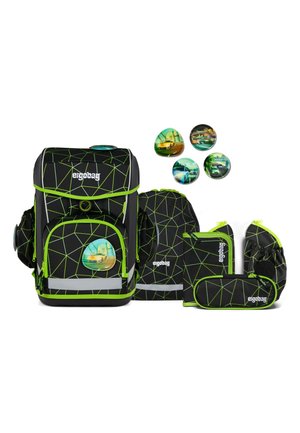 Black backpack with green geometric pattern; includes multiple matching accessories. Reflective accents and circular photo patches are featured.