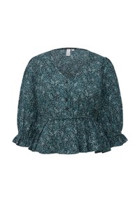 Peplum-Bluse in Aquamarin mit gepunktetem Muster, V-Ausschnitt und einer Knopfleiste mit drei schwarzen Knöpfen. Lange Ärmel mit Rüschensaum. Weicher Stoff.