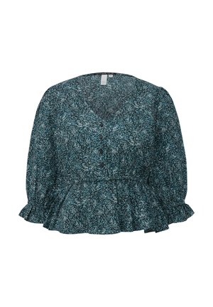 Teal peplum blouse met een gespikkeld patroon, V-hals en een drieknopenlijst in zwart. Lange mouwen met gerimpelde manchetten. Zachte textuur.