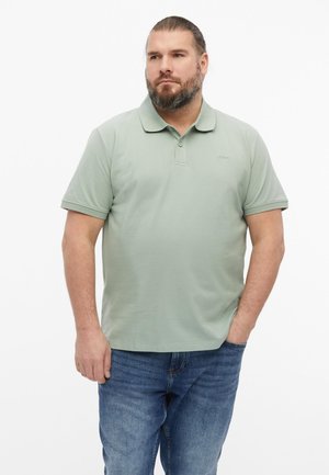 Mężczyzna z brodą w jasnozielonej koszulce polo z krótkim rękawem i niebieskich dżinsach, stojący z jedną ręką w kieszeni na białym tle.