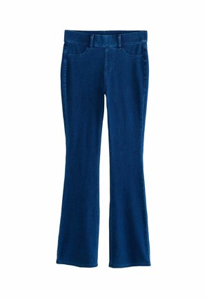 Tmavě modré rozšiřující se džíny vyrobené z denimu. Mají střední pas, design s pěti kapsami a jemné stehové detaily na švech.