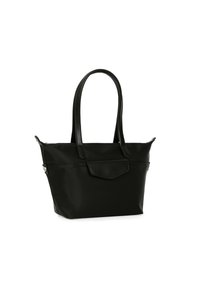 Borsa tote nera in nylon con due manici lunghi, chiusura con zip, tasca sul davanti e superficie liscia. Design semplice e funzionale senza fantasie.