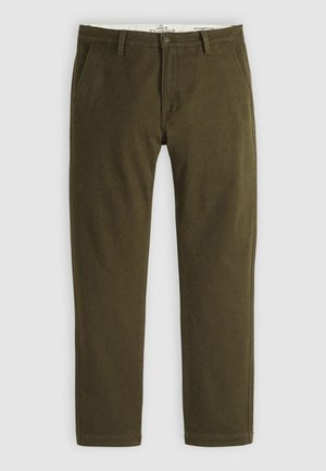 Olive green straight-leg pants with belt loops, front pockets, button closure, and visible Levi's branding on the inner waistband.