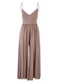 Combinaison sans manches mauve avec un corsage ajusté en V, fines bretelles, taille froncée et jambes larges et fluides.