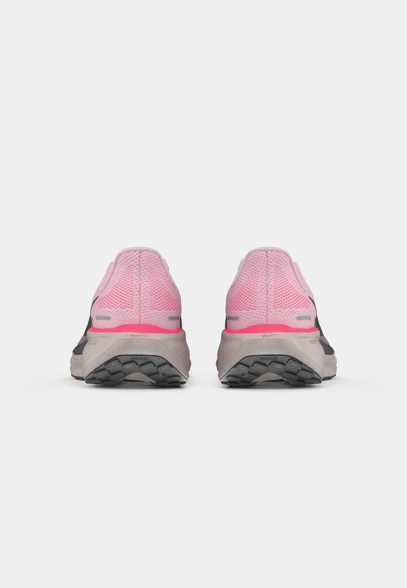 Sport shoes in black, pink, and grey. Mesh upper with textured accents, cushioned soles, and rubber outsoles for traction.