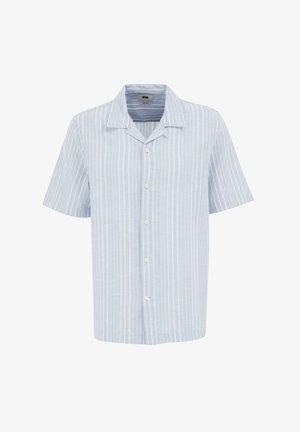 Lichtblauwe short-sleeve overhemddb met verticale witte strepen, een notch-kraag en een relaxte pasvorm. Gemaakt van een geweven stof.