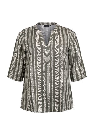 Patterned blouse in olive green and white with a V-neck, short sleeves, and geometric designs. Lightweight fabric with a relaxed fit.