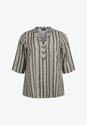 Camicia con motivo in verde oliva e bianco, con scollatura a V, maniche corte e design geometrici. Tessuto leggero con una vestibilità comoda.