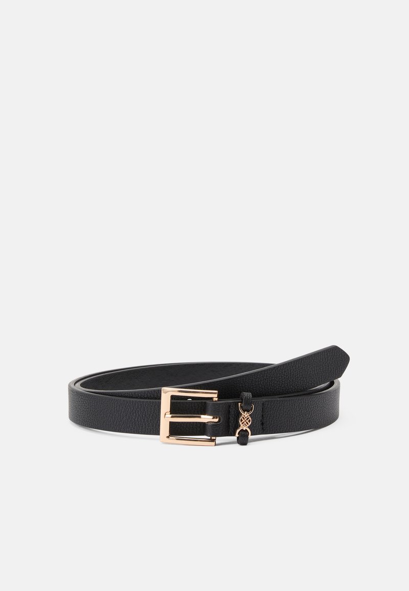 Curea din piele neagră cu un finisaj texturat, având o curea metalică rose gold și detalii decorative cu buclă. Design subțire, versatil pentru diverse ținute.